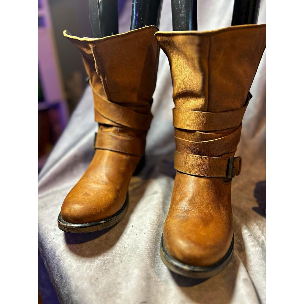 Women's Brown Biker Mid-Calf Boots Round Toe Solid Buckle Strap